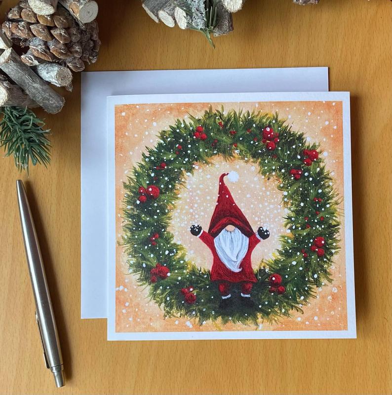 Wreath Gnome Santa Christmas Card